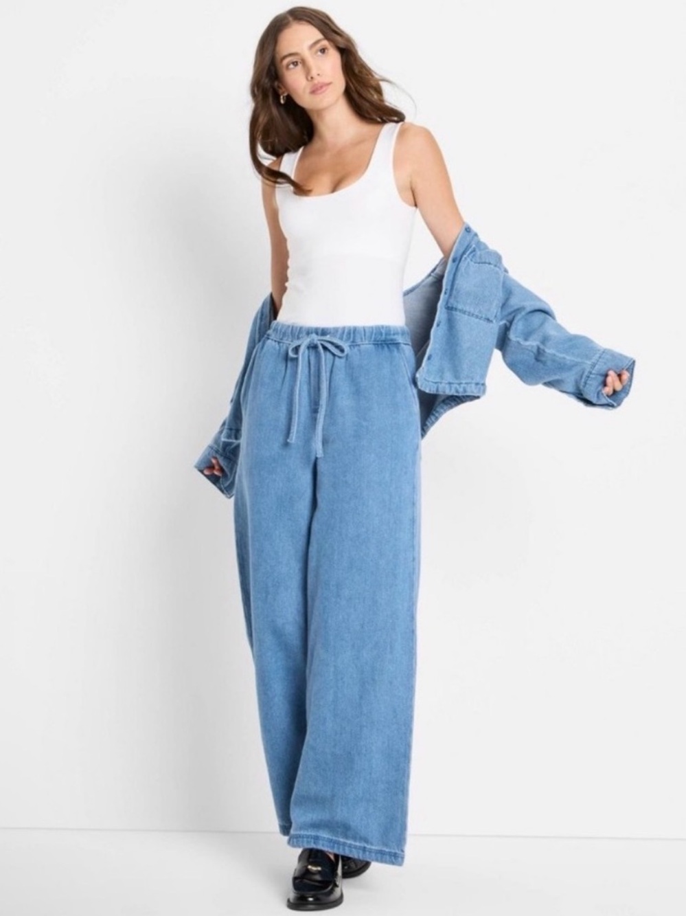 Wide Leg Drawstring Denim Pants - Light Blue